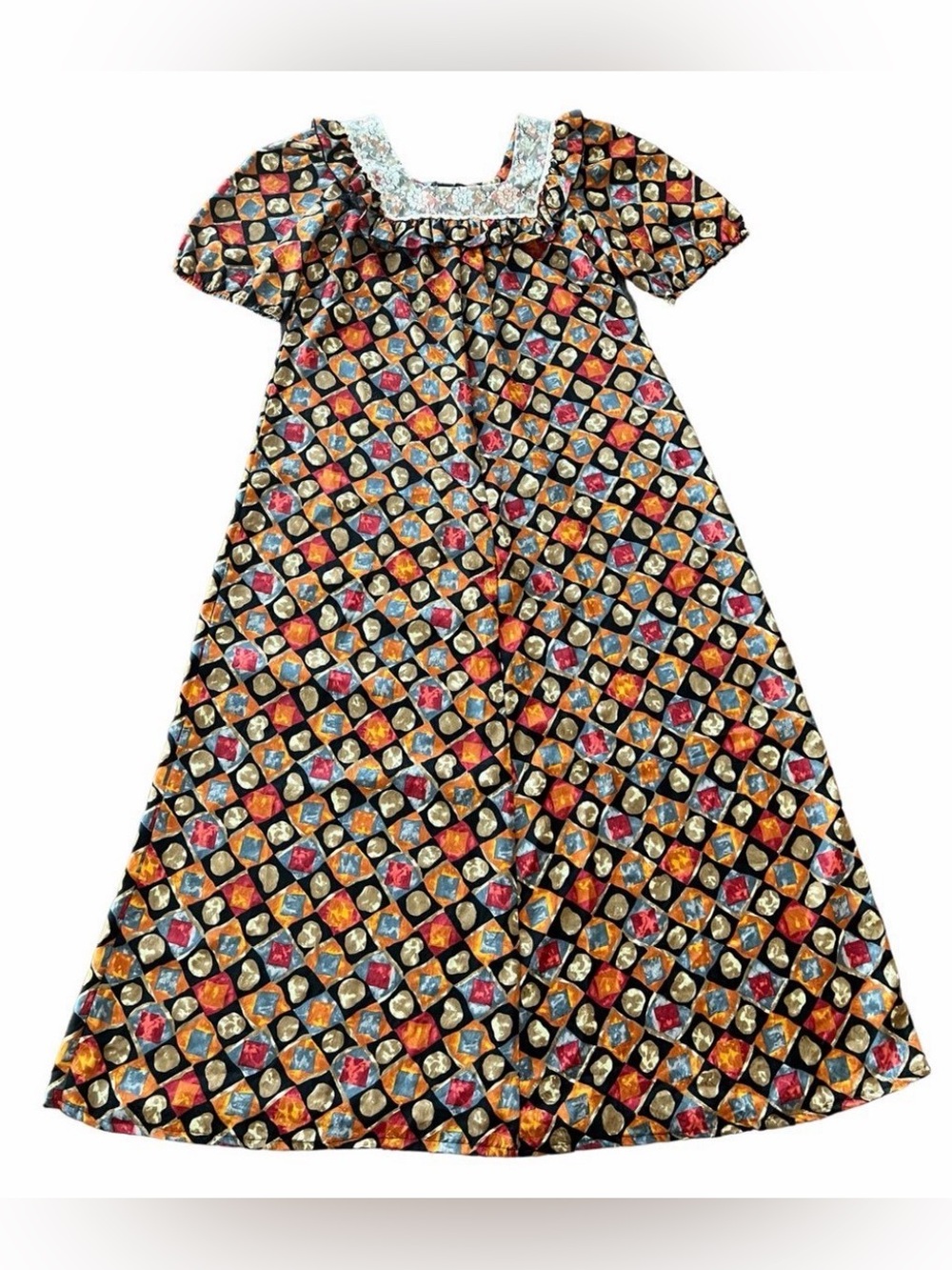 Vintage 70s 80s Liberty House Hawaiian Muumuu Maxi Dress Lace Collar Small